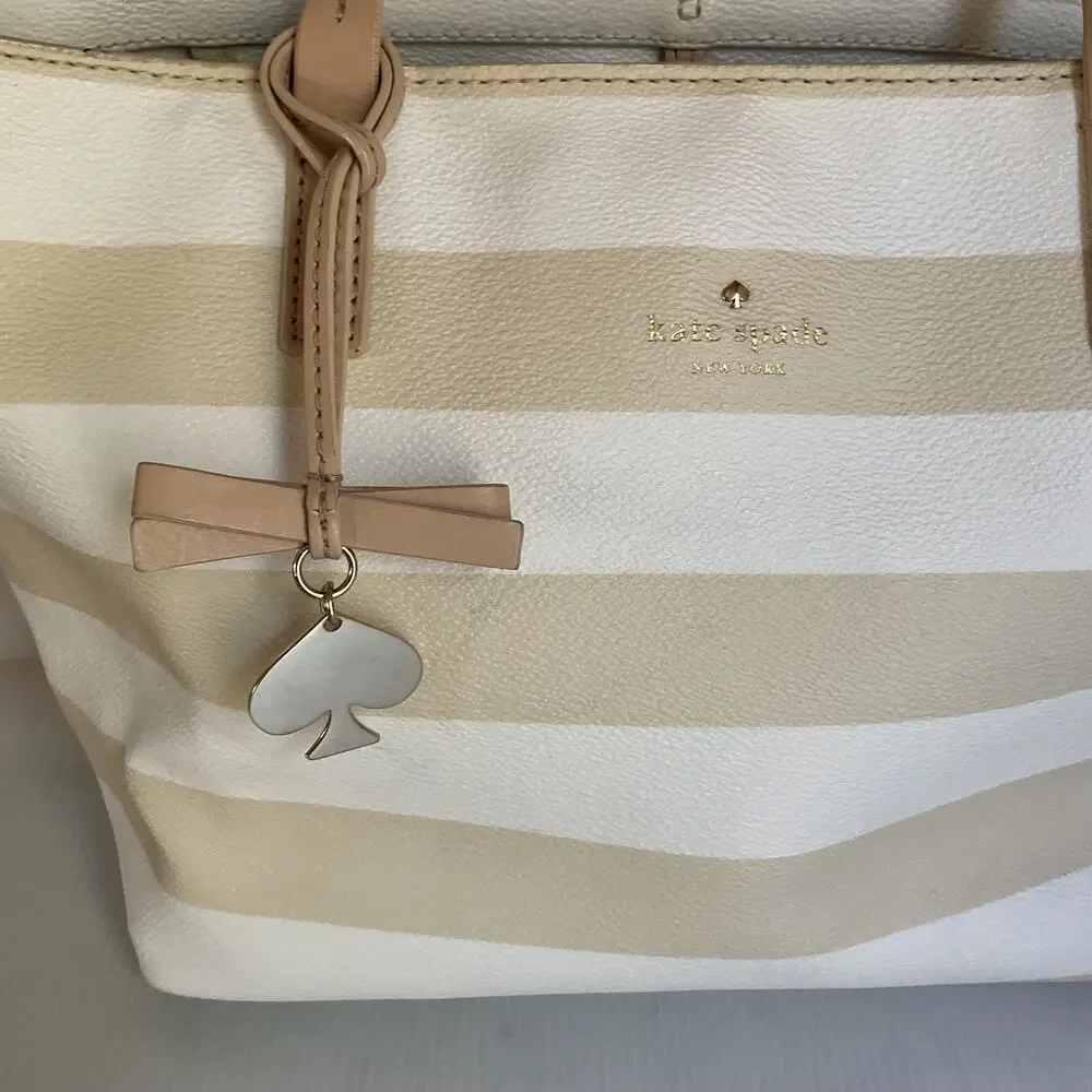 Kate Spade New York Striped Tote Bag Cream Beige Spade Charm Bow Shopper